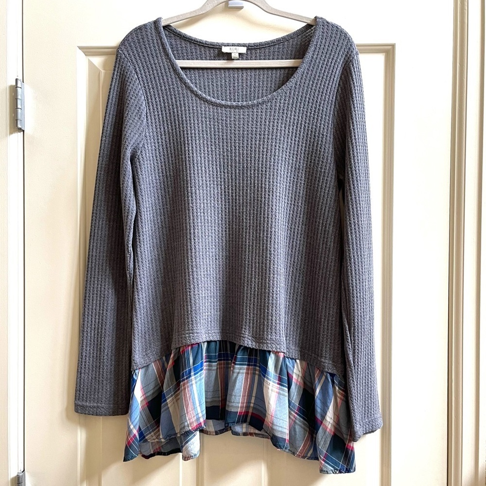 Kori America waffle knit top with plaid layered hem